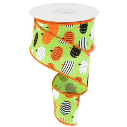 2.5" x 10yd Pattern Pumpkins Green w/Orange Edge Ribbon