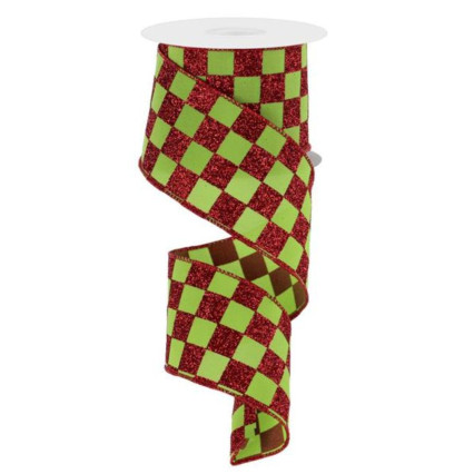 2.5" x 10yd Red Glittered Checks on Green Ribbon