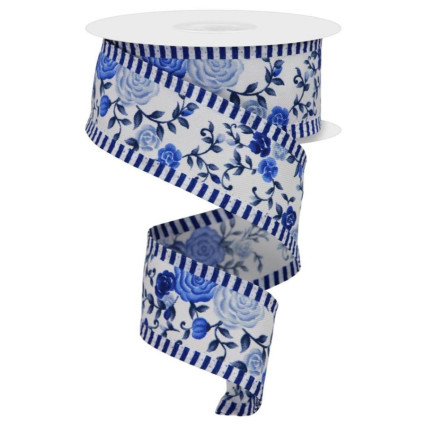 1.5" x 10yd Blue Roses on White w/ Blue Stripe Edge Ribbon