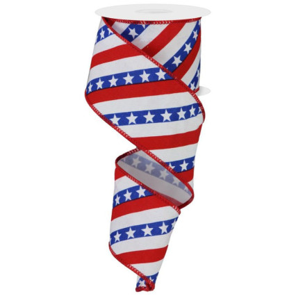 2.5" x 10yd Diagonal Red, White & Blue Stripes w/Stars Ribbon