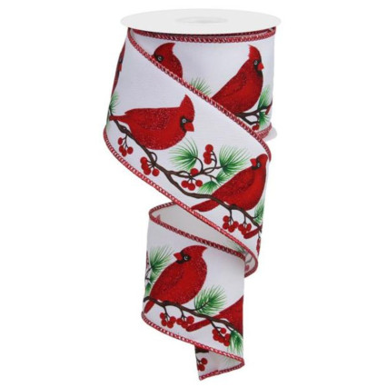 2.5" x 10yd Shimmer Cardinals on Branches White Ribbon