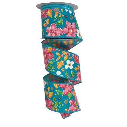 2.5" x 10yd Florals on Blue Ribbon