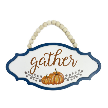Beaded Hanging Sign w/Blue Edge - Gather w/Pumpkins