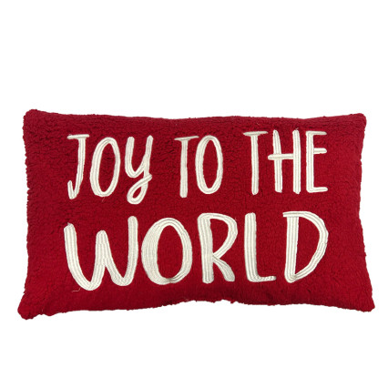 26"L Joy To The World Embroidered Red Sherpa Pillow