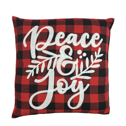 20" Peace & Joy Stitched Plaid Pillow - Red & Black