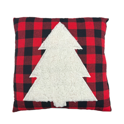 20" Sherpa Christmas Tree on Woven Plaid Pillow - Red & Black