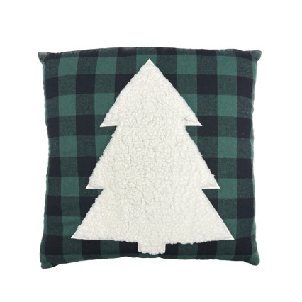 20 Sherpa Christmas Tree on Woven Plaid Pillow - Green & Black