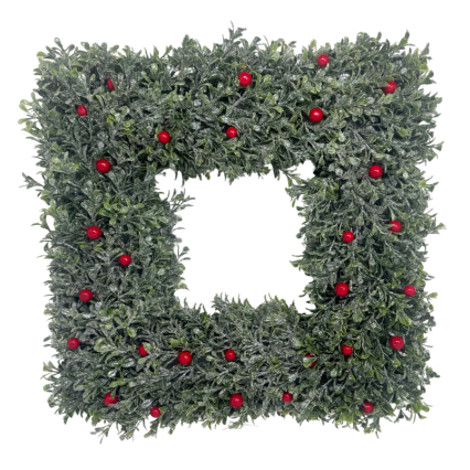 17" Square Frosted Boxwood Wreath w/ Berries