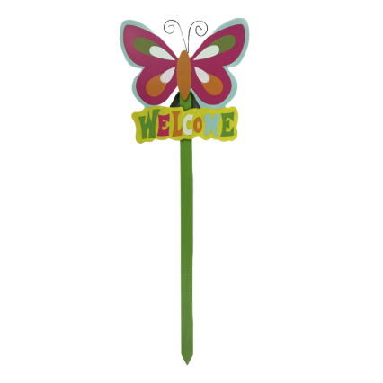 20"x7" Colorful Butterfly Welcome Stake- Green Stake