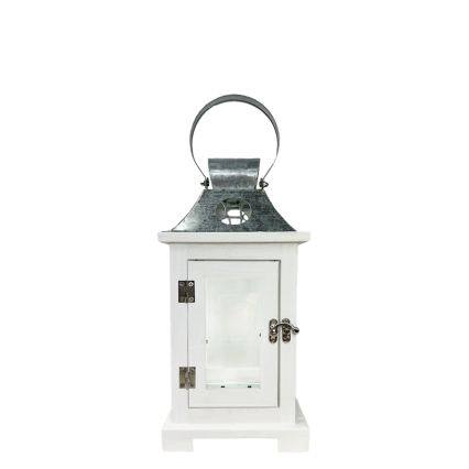 13.5" Wood Lantern W/ Galvanized Top- White