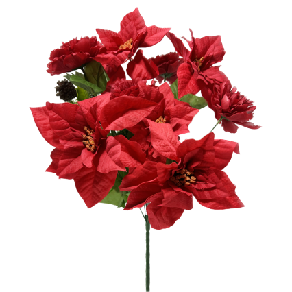 22" Red Poinsettia Bush with Pinecones