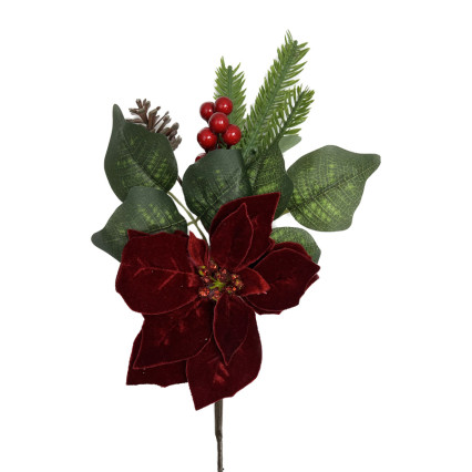 15" Velvet Red Poinsettia Pine Berry Pick