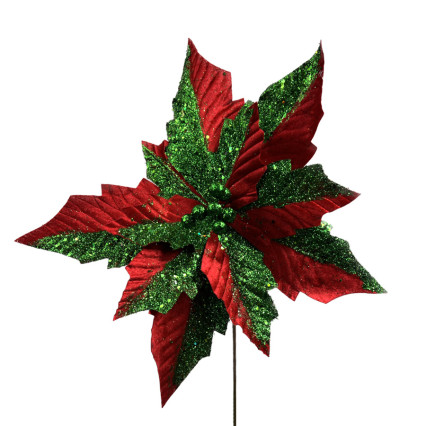 12" 2-Tone Glitter & Velvet Poinsettia Pick - Red & Green
