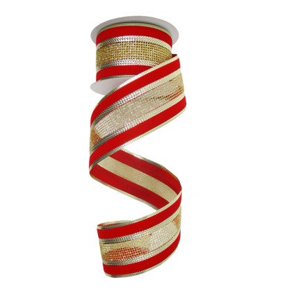 2.5" x 10yd Red Velvet Outline w/Gold Glitter Mesh Center Ribbon