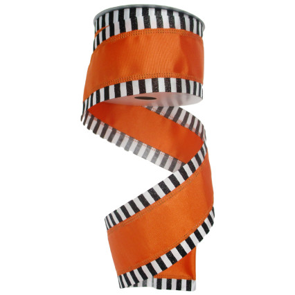 2.5" x 10yd Orange with Blk/Wht Horizontal Stripe Edge Ribbon