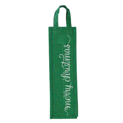14"H Merry Christmas Jute Wine Bag- Green