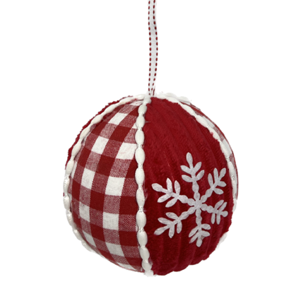 5"Dia Red Check Velvet Ball Ornament with Snowflake