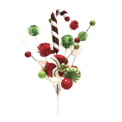 11.5" Candy Cane Pom Pom Pick - Red/Green/White