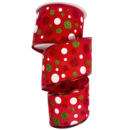 2.5" x 10yd Green, Red, & White Glitter Polka Dots on Red Ribbon