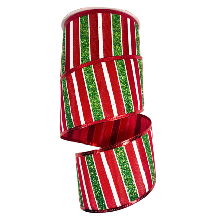2.5" x 10yd White, Red & Green Glitter Stripe Ribbon
