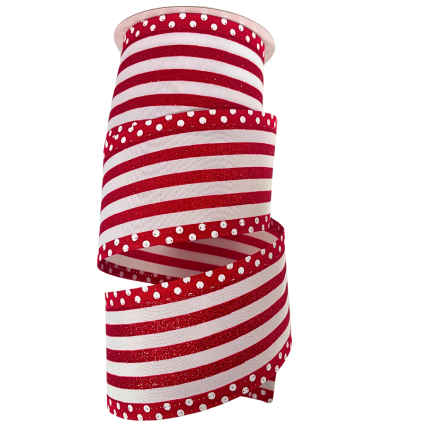2.5" x 10yd White & Red Glitter Stripe Ribbon