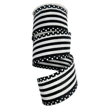 2.5" x 10yd White & Black Glitter Stripe Ribbon