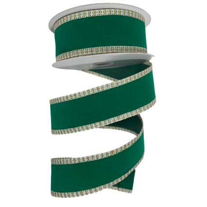 1.5" x 10yd Green Velvet Ribbon w/ White & Gold Boarder
