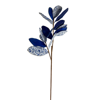 30" Blue and White Chinoiserie Leaf Spray
