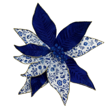 8" Blue and White Poinsettia Chinoiserie Ornament