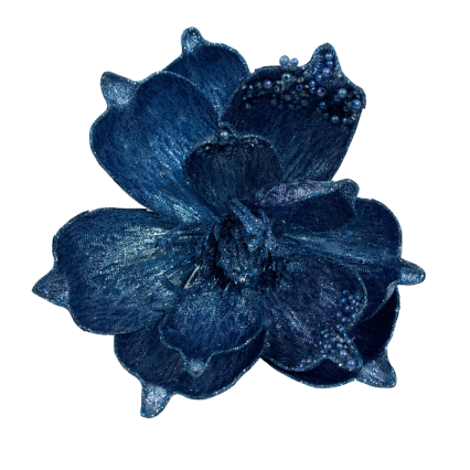 8" Blue Metallic Magnolia Clip Ornament