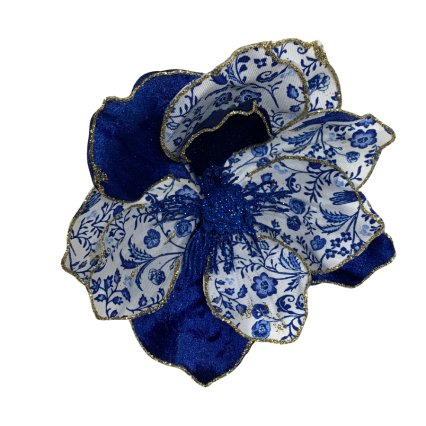 8" Blue and White Magnolia Chinoiserie Ornament w/ Glitter
