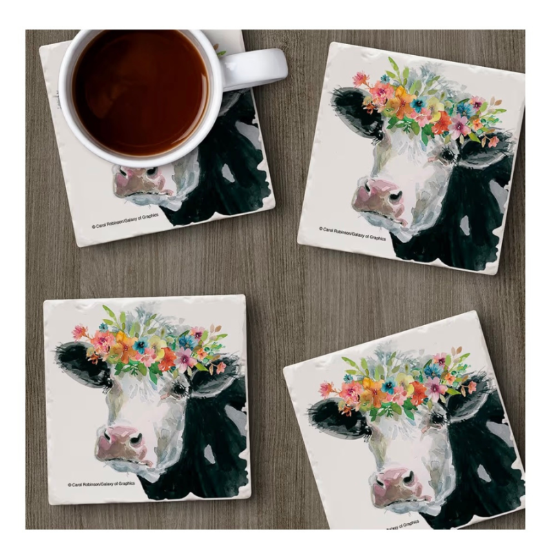 Flower Crown Cow 4 pc Square Coaster Set