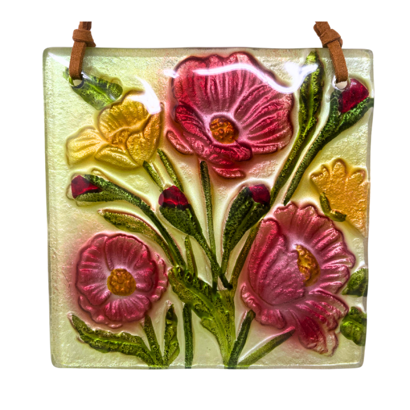 4.5" Hand Painted Embossed Glass Flowers Suncatcher
