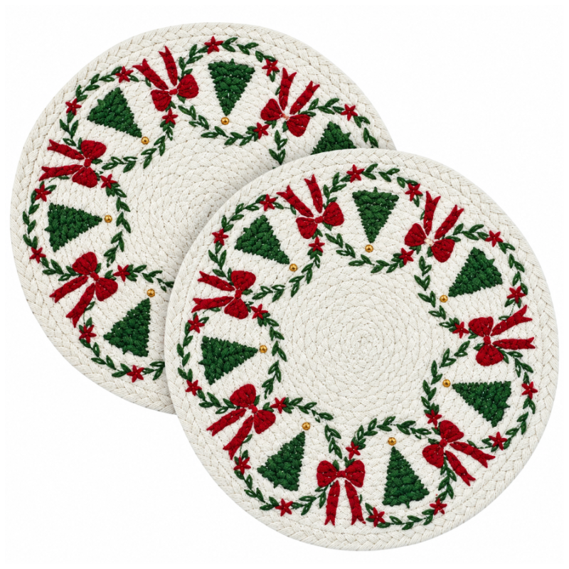 Set of 9" Round Woven Trivets- Bows & Trees