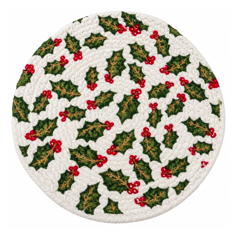 Set of 9" Round Woven Trivets- Berries & Holly