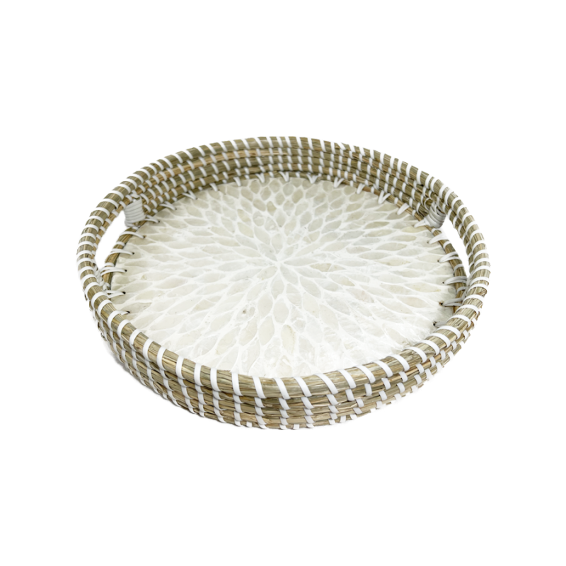 Seagrass Serving Tray with Capiz Shell 11.5"Dia Baskets & Trays