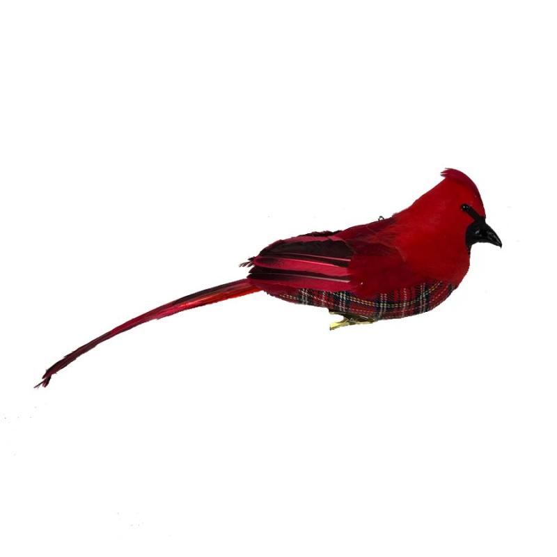 14.5" Cardinal Ornament w/Clip - Plaid Bodice
