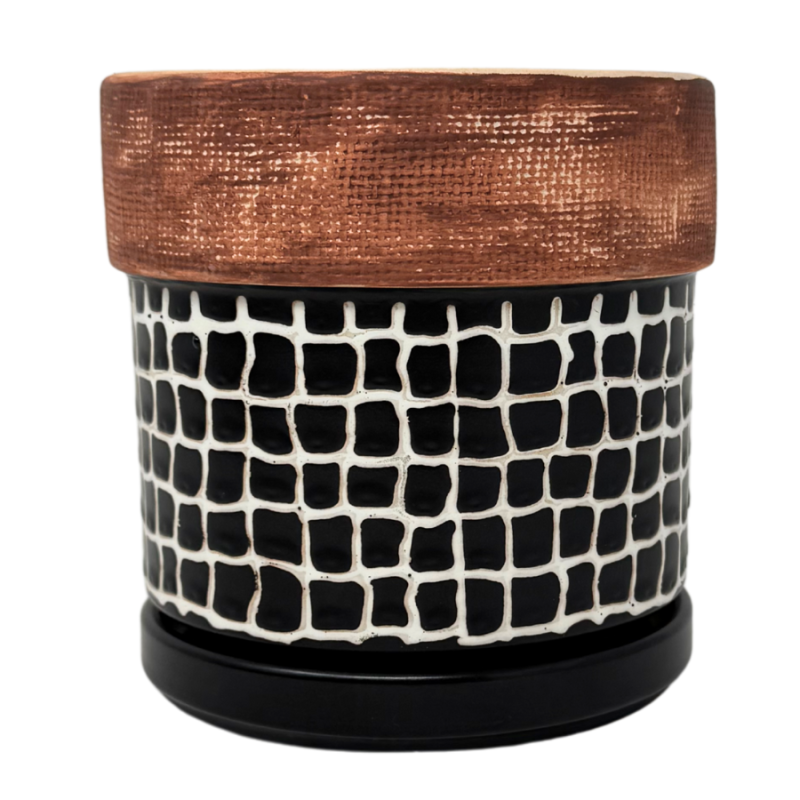 5" Checkered Pattern Ceramic Planter w/ Textured Band on Top