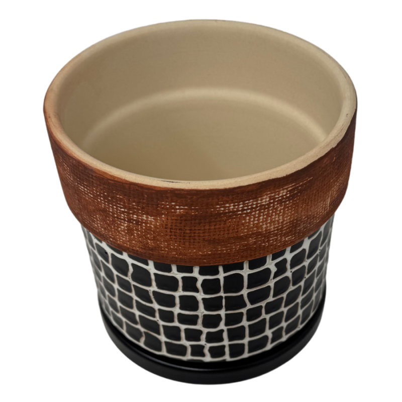 5" Checkered Pattern Ceramic Planter w/ Textured Band on Top
