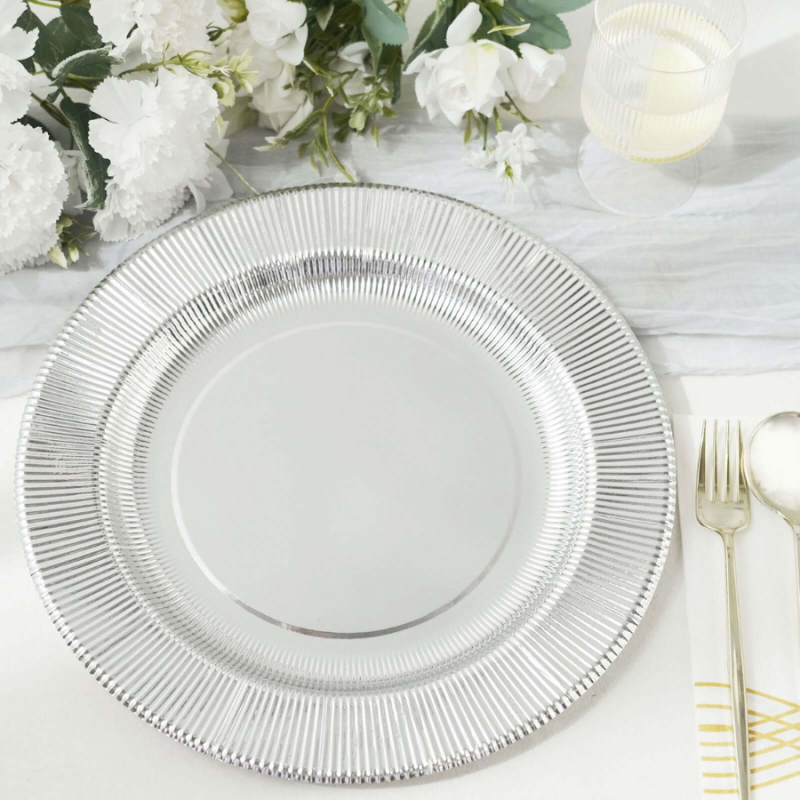 13" Rnd Clear Ribbed Charger Plate w/ Silver Trim