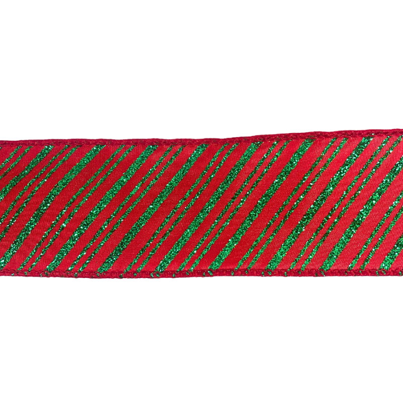 2.5" x 10yd Green Glitter Stripe on Red Ribbon