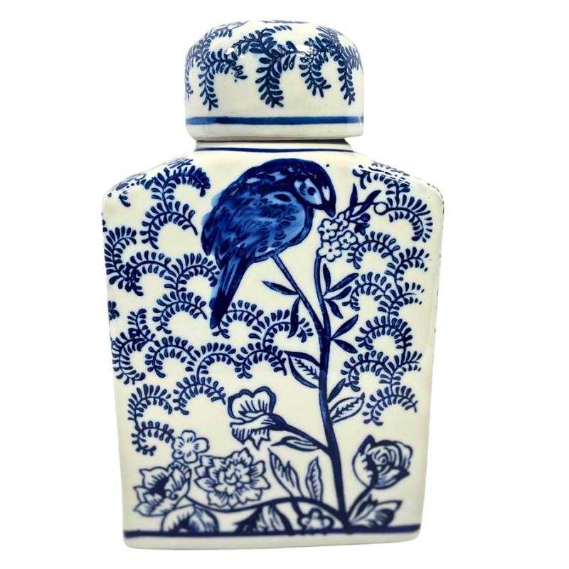 9" Blue & White Chinoiserie Porcelain Jar w/ Lid