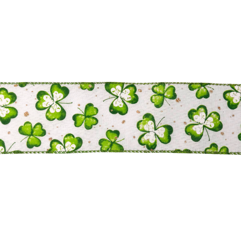 2.5"x10yd Lucky Clovers on White Ribbon