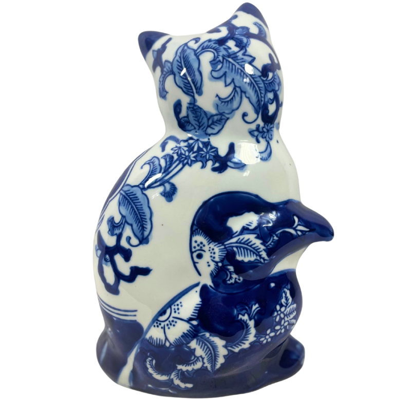 11" Blue & White Chinoiserie Porcelain Cat
