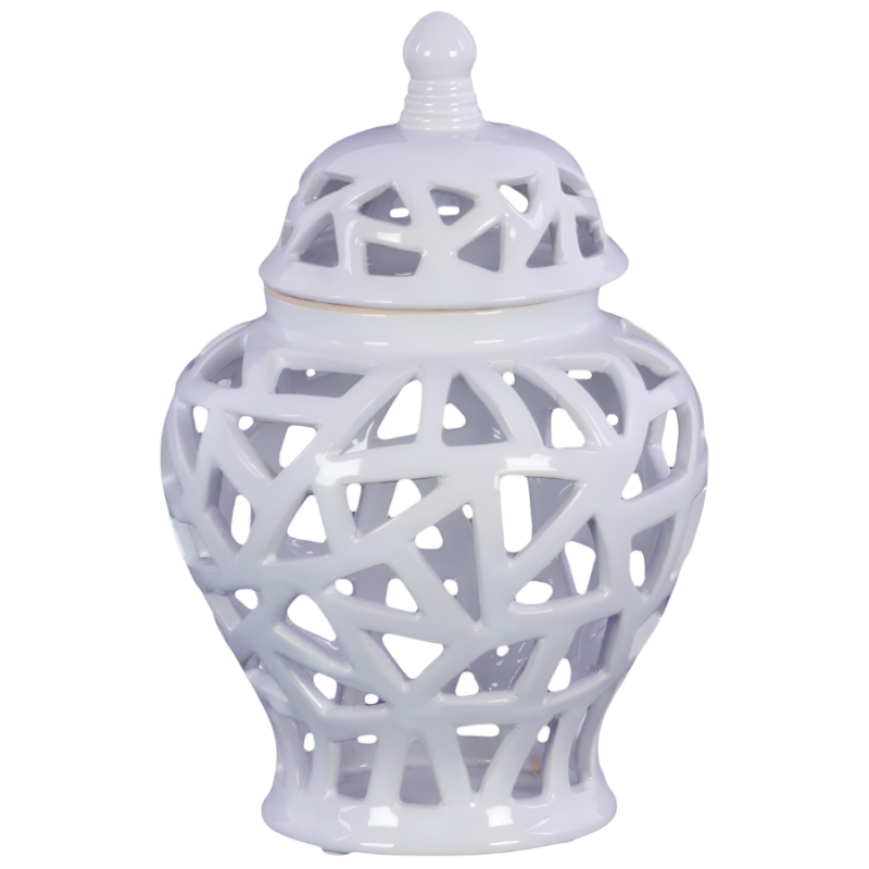 9" Ceramic Urn Vase w/ Cutout Triangle Design - White