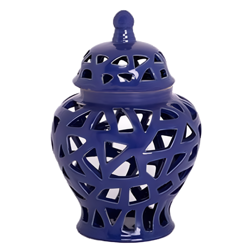 9" Ceramic Urn Vase w/ Cutout Triangle Design - Blue