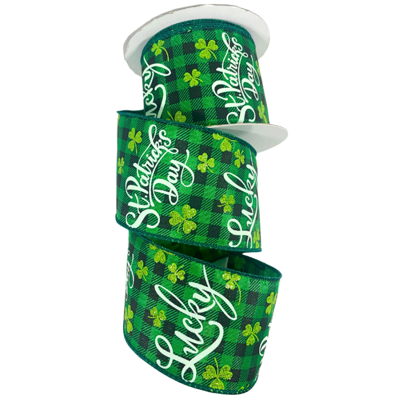 2.5" x 10yd Dark Green Gingham St. Patrick's Day Wired Ribbon