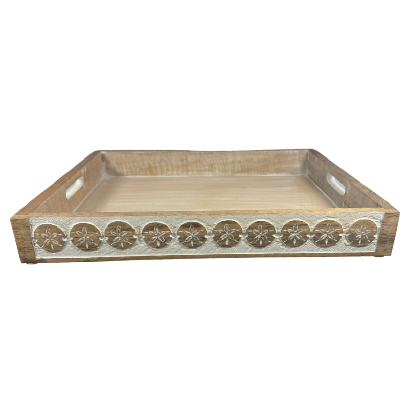17" Wood Sand Dollar Whitewash Tray