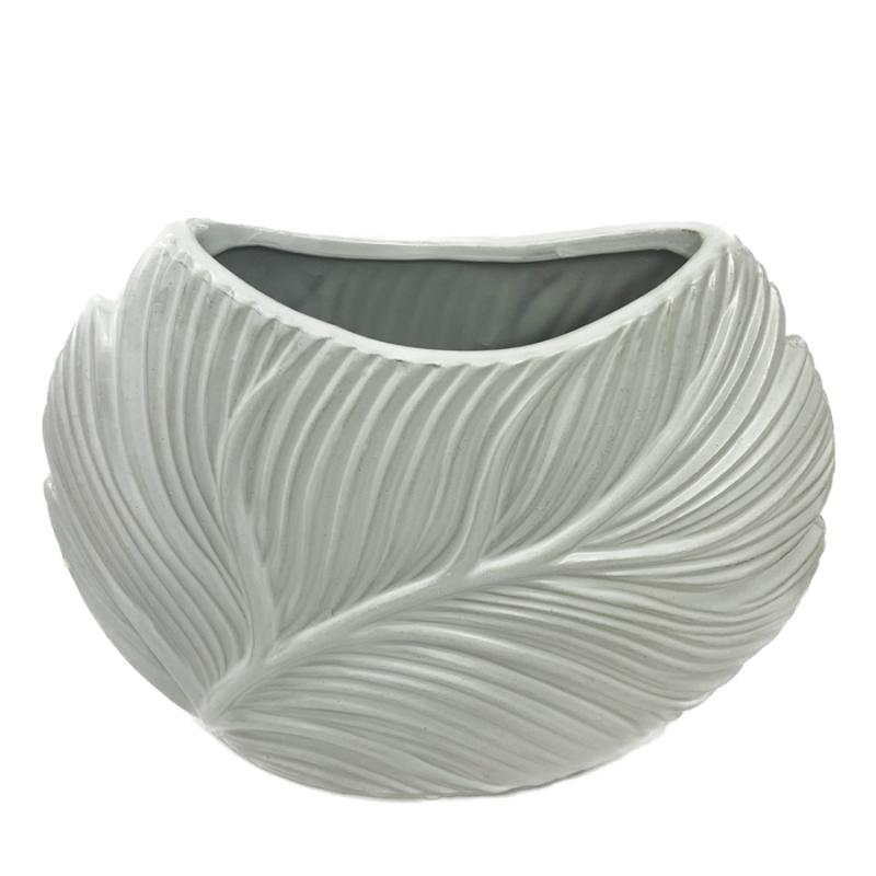 Ceramic Oval Vase w/Embossed Tropical Leaf Body - White Matte Finish