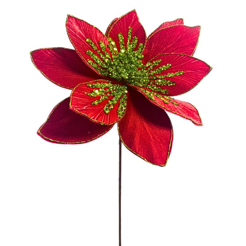 22" Glitter Green & Red Poinsettia Stem
